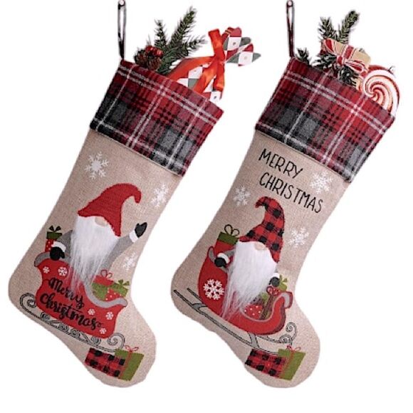 Burlap Christmas Stocking with Gnome Buffalo Plaid Cuff Xmas Holiday Set of 2 - Picture 1 of 5